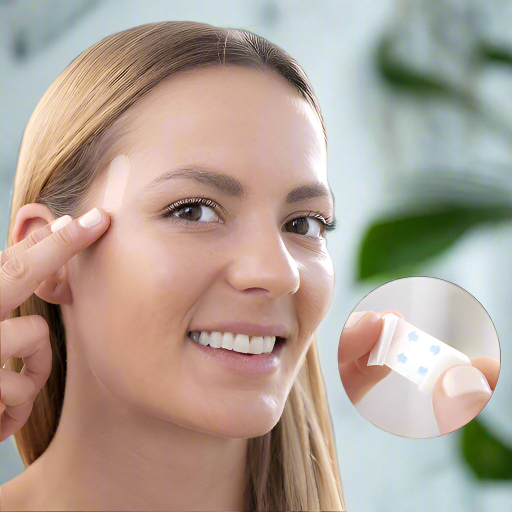 Woman applying invisible face lifting patches to her face